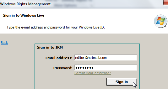 sign in to IRM